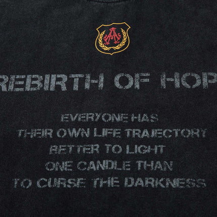 Retro Washed Badge Letter T-Shirt – Loose Fit featuring Rebirth of Hope graphic and vintage badge detail.
