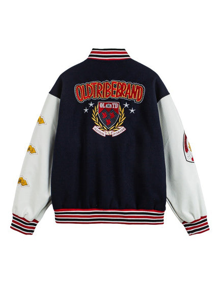 Giacca da baseball in pelle con toppe a patchwork e emblema della lettera del marchio