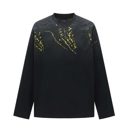 Ripped Gradient Long Sleeve TShirt featuring a bold black design with yellow abstract pattern and long sleeves.