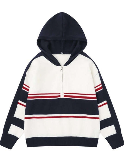 Model wearing Black paneleded patchwork hooded sweater by Grozavu