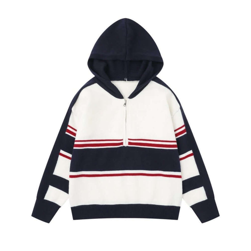 Model wearing Black paneleded patchwork hooded sweater by Grozavu