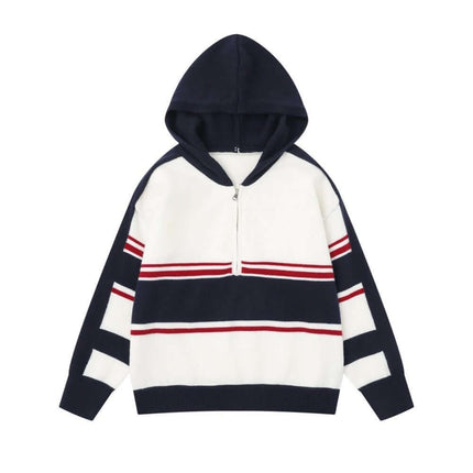 Model wearing Black paneleded patchwork hooded sweater by Grozavu