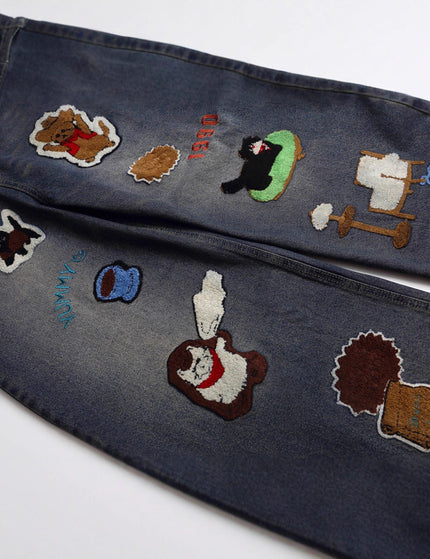 Vintage Cartoon Towel Embroidery Washed Knife-Edge Jeans Pants