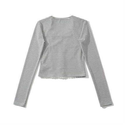 Top de Cárdigan de Manga Larga con Cuello en V a Rayas Dulces para Mujeres con Cuello Volante, Conjunto de Camisón Ajustado de Parches