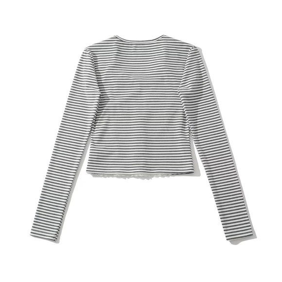 Top de Cárdigan de Manga Larga con Cuello en V a Rayas Dulces para Mujeres con Cuello Volante, Conjunto de Camisón Ajustado de Parches