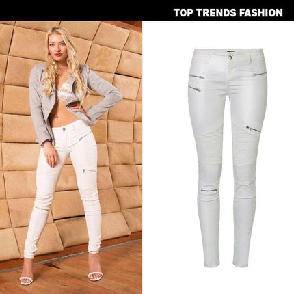 Grozavu White Faux Leather Multi-Zip Motorcycle Pants at €39.00