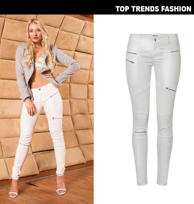 Grozavu White Faux Leather Multi-Zip Motorcycle Pants at €39.00