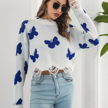 Distressed Butterfly Cropped Sweater – Slim Fit