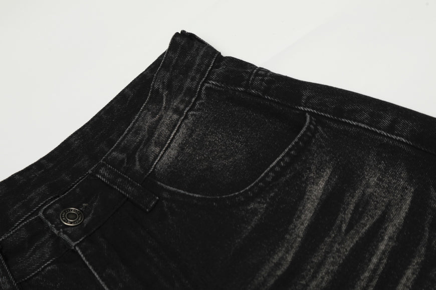 Style Washed Black Vintage Cat-Whisker Pattern Design Loose Knife Cut Jeans