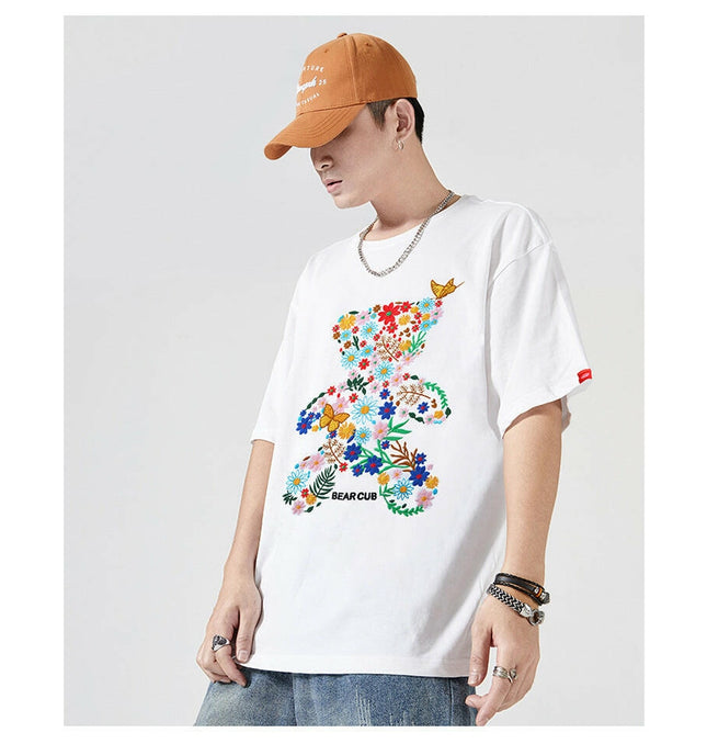 Grozavu Summer Cotton T-Shirt: Embroidered Floral Bear Design at €33.99