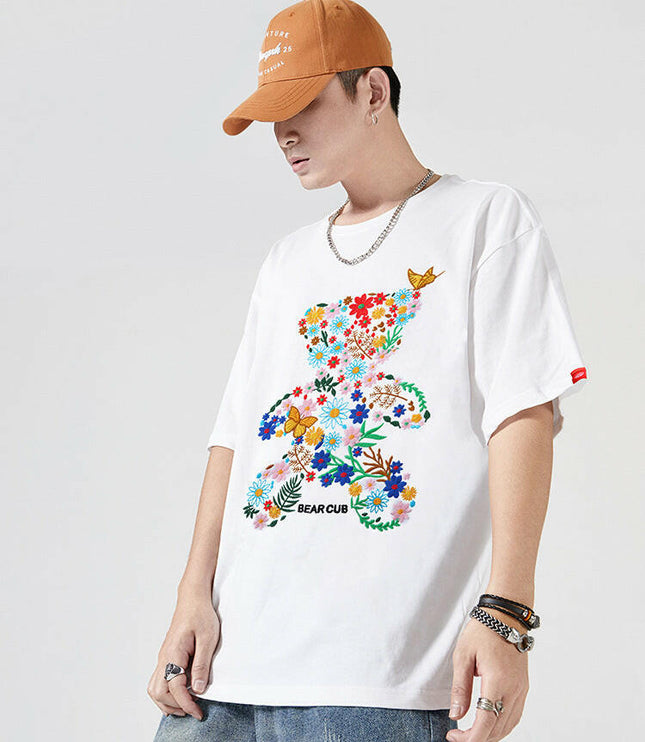 Grozavu Summer Cotton T-Shirt: Embroidered Floral Bear Design