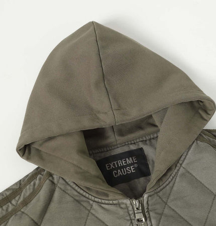 Casual Distressed Zipper Hoodie – Loose Fit with quilted texture and hood detail.