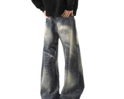 Streetwear Lightning Pattern Denim Pants Men High Street Washed Distressed Wide Leg Pants Vintage Cool Retro Knife-Edged Casual Trousers
