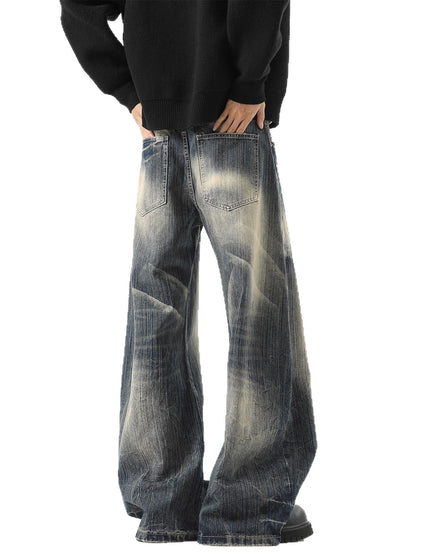Streetwear Lightning Pattern Denim Pants Men High Street Washed Distressed Wide Leg Pants Vintage Cool Retro Knife-Edged Casual Trousers