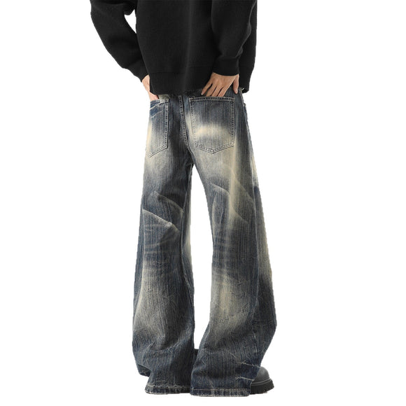 Streetwear Lightning Pattern Denim Pants Men High Street Washed Distressed Wide Leg Pants Vintage Cool Retro Knife-Edged Casual Trousers