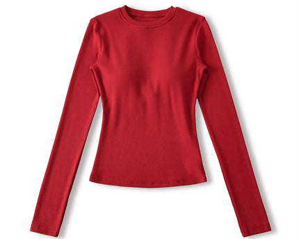 Elastic Vintage Round Neck Padded Long Sleeve T-Shirt Top