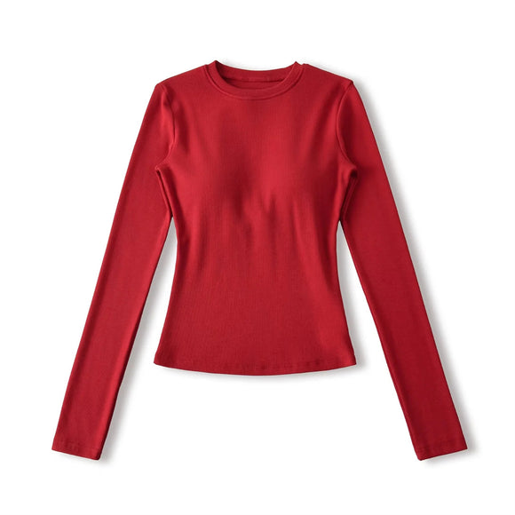 Camiseta básica elástica ajustada de manga larga con cuello redondo vintage, acolchada, de hombros regulares, top sólido de color simple