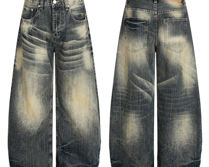 Street Vintage Washed Bamboo Texture Design Loose Wide-Leg Denim Pants