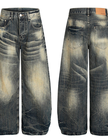 Street Vintage Washed Bamboo Texture Design Loose Wide-Leg Denim Pants