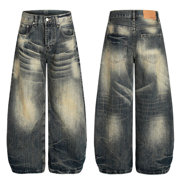 Street Vintage Washed Bamboo Texture Design Loose Wide-Leg Denim Pants
