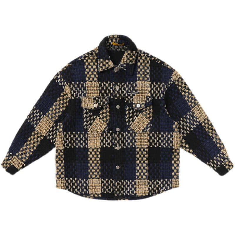 Model wearing Black tweed checkered coat , by Grozavu