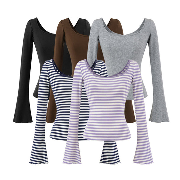 U-neck striped long sleeved elastic T-shirt tight top