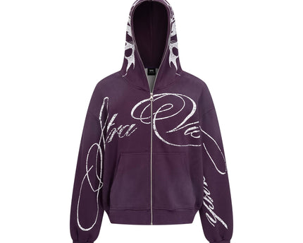 Flame letter zip hoodie | High street streetwear jacket | Unisex loose fit hoodie | Trendy flame print sweatshirt | Casual zip-up hoodie black | Purple streetwear hoodie