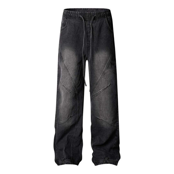 High Street  Washed Distressed Pleated Reverse Denim Pants Unisex Loose Wide Leg Straight Trousers