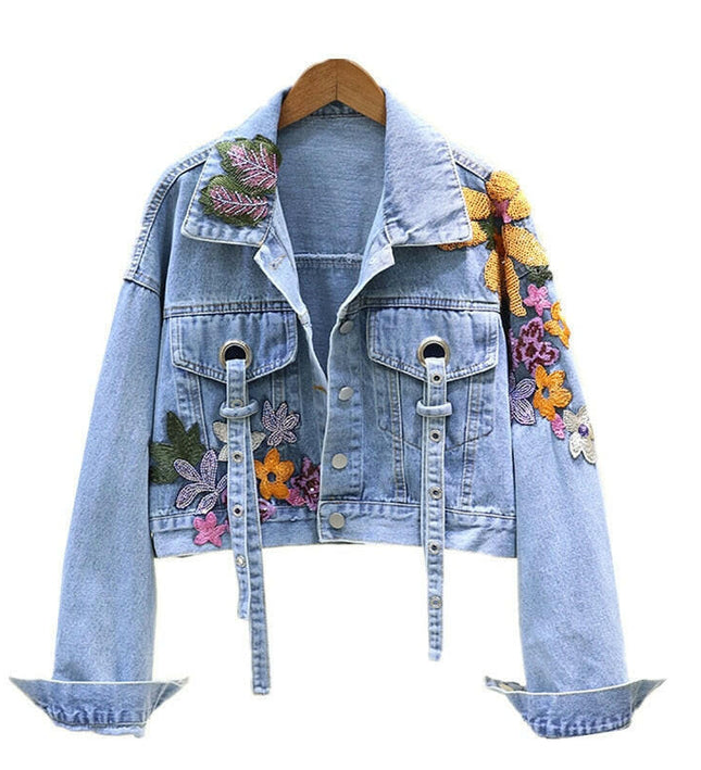 Grozavu's Denim Jacket: Floral Embroidery & Sequins for Streetwear Chic