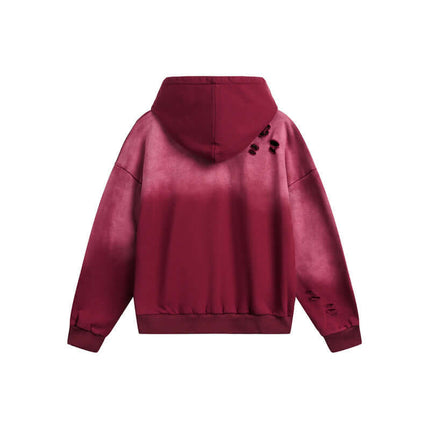 Half-Zip Printed Hoodie – Loose Fit in burgundy with a stylish faded design and relaxed fit back view.