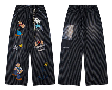 Pantalones Casual Sueltos de Rayas con Bordado de Patrón Divertido Retro y Lavado, Unisex, Pantalones de Pierna Ancha BF