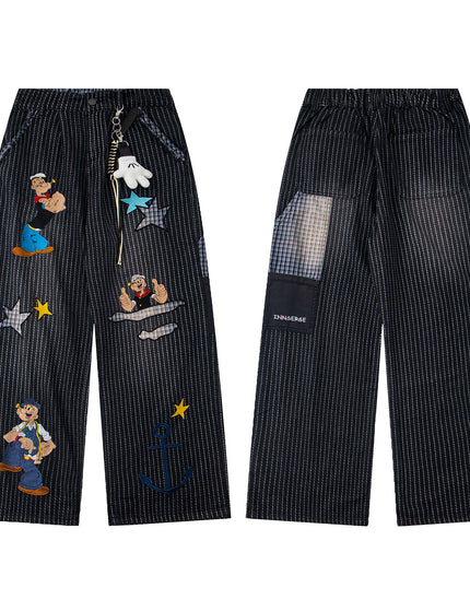 Retro Washed Fun Pattern Embroidery Splicing Striped Loose Casual Trousers Unisex BF Wide Leg Pants