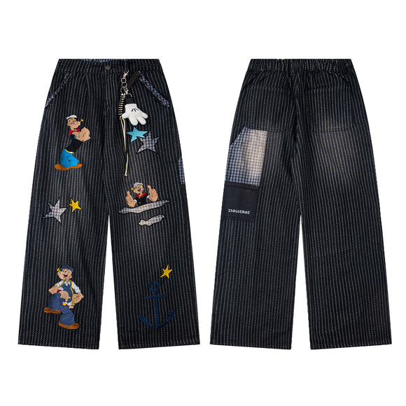 Retro Washed Fun Pattern Embroidery Splicing Striped Loose Casual Trousers Unisex BF Wide Leg Pants