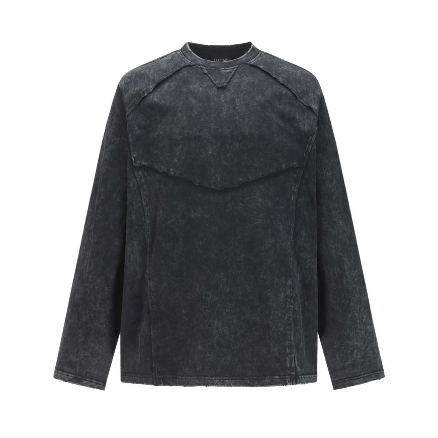 Model wearing Gray washed fringed deconstructive functional hoodie by Grozavu