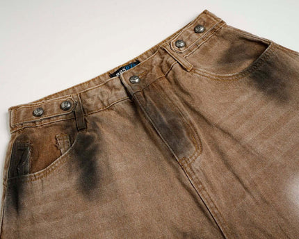 Washed Tie-Dye Distressed Denim Pants Loose Wide-Leg Straight Long Pants