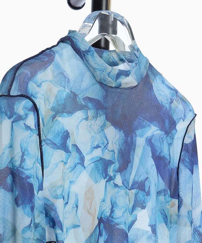 Grozavu's Blue Pattern Turtleneck T-Shirt: Elastic Style