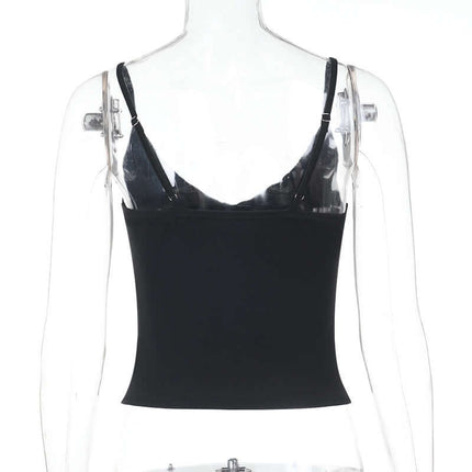 Lace Patchwork VNeck Top – Slim Fit displayed from the back, showing sleek design and adjustable straps.