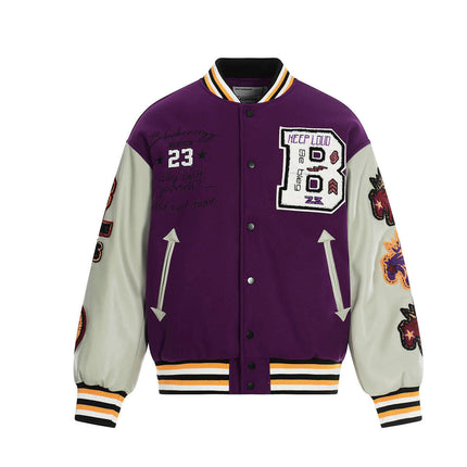Heavy Embroidery Baseball Jacket – Thick Fit featuring bold colors and intricate embroidery details.