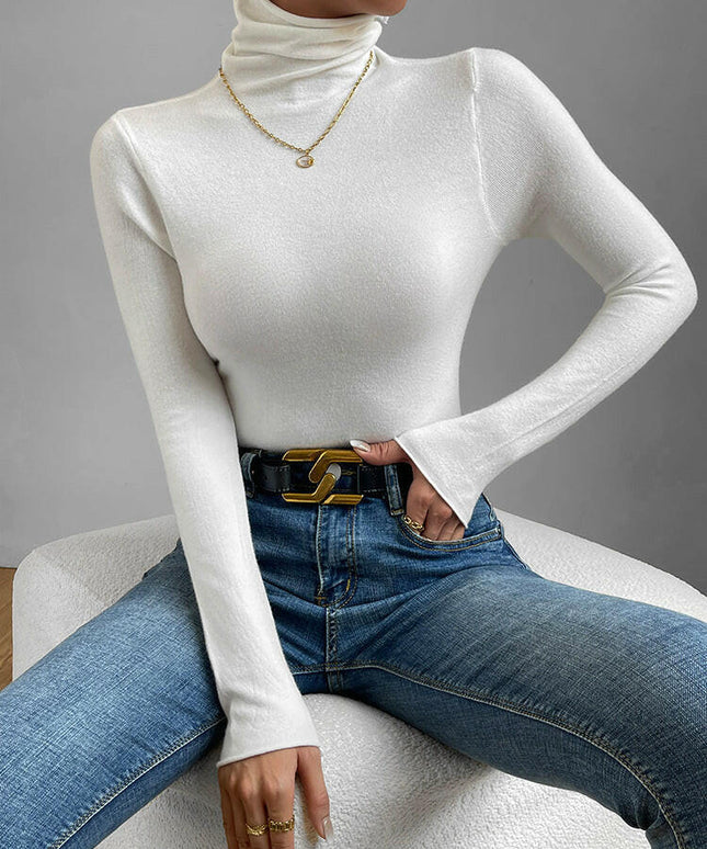 Grozavu's White High Neck Slim Fit Knitwear: Comfortable Long Sleeve Sweater