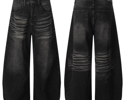 Style Washed Black Vintage Cat-Whisker Pattern Design Loose Knife Cut Jeans