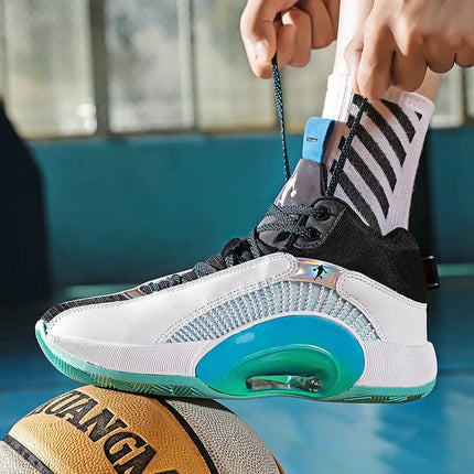 High-quality men’s basketball shoes with cushioning, being tied before a game, emphasizing comfort and style with organic cotton elements.