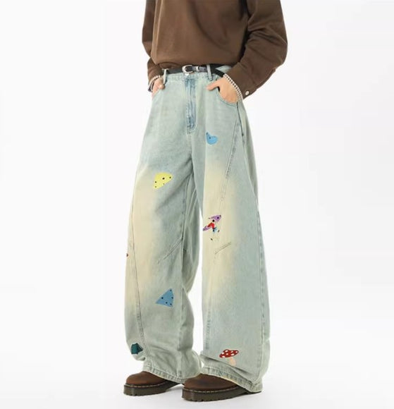 Jeans en patchwork amusants de streetwear pour hommes, tendance, déstructurés, brodés, pantalons à coupe propre, jeans droits lavés