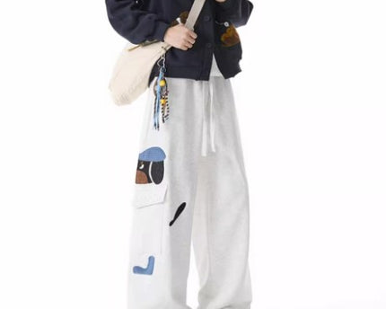 Pantalones de chándal bordados de estilo perro para hombres, retro, de múltiples bolsillos, pantalones casuales versátiles de calle alta, con cordón, sueltos y atléticos