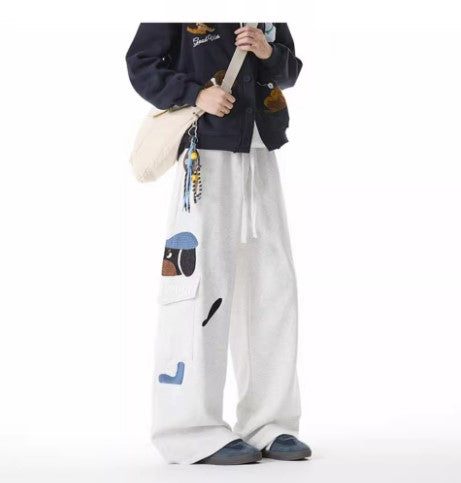 Pantalons de survêtement brodés pour chien Style Homme rétro à poches multiples Pantalons décontractés polyvalents à cordon de serrage amples et athlétiques de rue