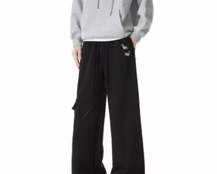 Pantalones de chándal bordados de estilo perro para hombres, retro, de múltiples bolsillos, pantalones casuales versátiles de calle alta, con cordón, sueltos y atléticos