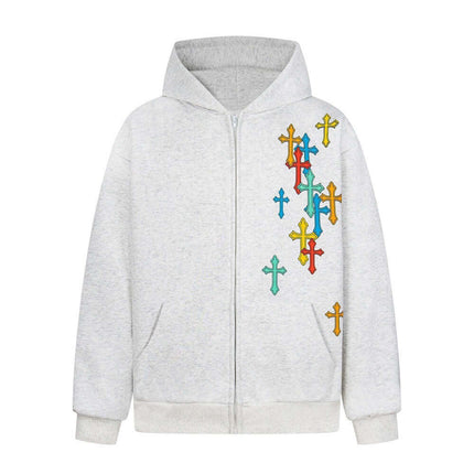 Back view of Gray cross hooded cardigan sweatshirt by Grozavu