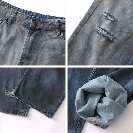 Washed Distressed Denim Pants showcasing detail shots, including the waistband, distressed areas, and rolled cuffs.