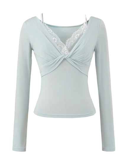 T-shirt à manches longues en dentelle torsadée pour femmes