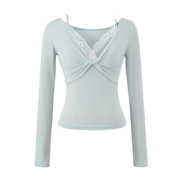 Twisted lace long sleeved T-shirt for women