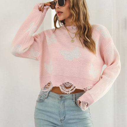 Distressed Butterfly Cropped Sweater – Slim Fit